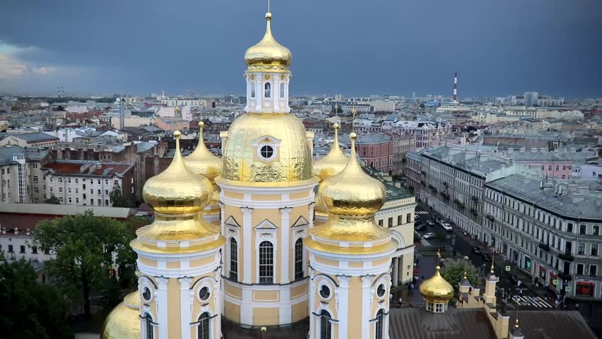 Aerial scenic view of Cathedral of the Vladimir Icon of the Mother of God and city streets in Saint-Petersburg, Russia.
