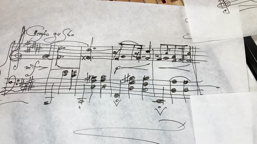 Creative process of making music by musician composer producer in studio. Sheets with sketches of musical scores lie on piano keys. Music concept for music visualizer, music video, piano lessons