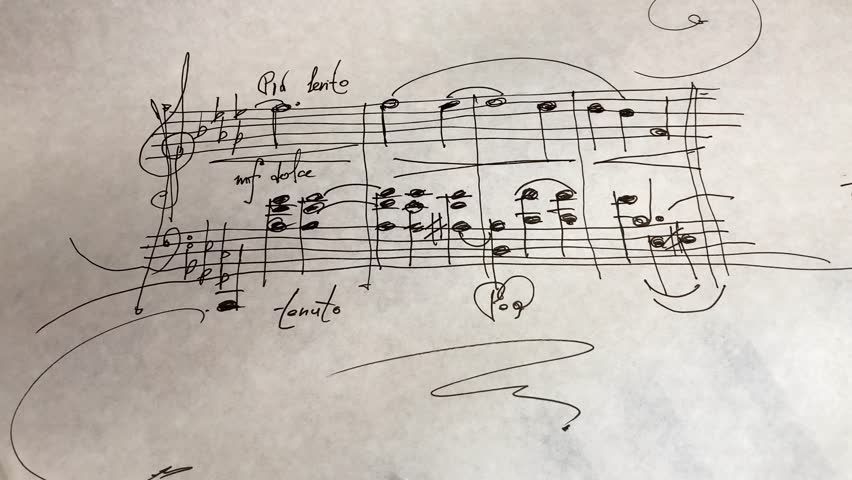 Creative process of making music by musician composer producer in studio. Sheets with sketches of musical scores lie on piano keys. Music concept for music visualizer, music video, piano lessons