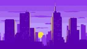 Sunset or sunrise over a modern city pixel art animation. Sunlight illuminates the silhouettes of buildings and skyscrapers. City landscape video game animated background. - Powered by Shutterstock - Get 15% off with code: PIKWIZARD15