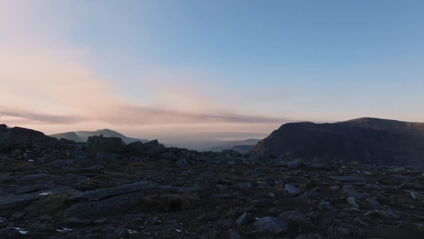 Snowdonia National park sunset hazy drone shot in Spring