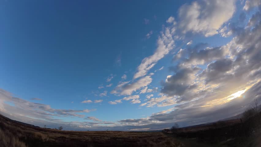 A fish-eye time-lapse footage of the clouds moving in the clear blue sky over a grassland during daytime in Derbyshire, England, UK