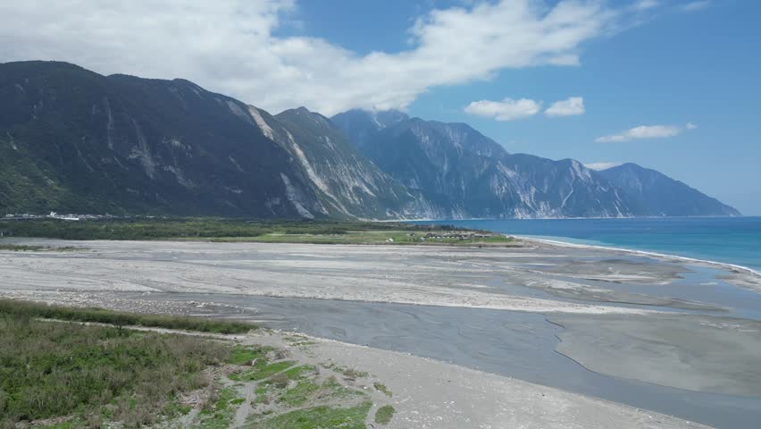 Aerial view of the mouth of Liwu River in Hualien County, Taiwan