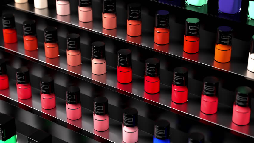 Colorful cosmetic packages, camera zooms in on many colorful nail polish bottles. 3D animation.