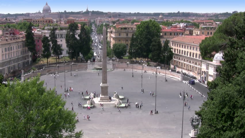 View of Rome from the Salita del Pincio. Piazza del Popolo and Via Cola di