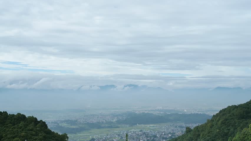 Kathmandu and Mountains Scenery, Kathmandu Cityscape of City, Aerial Shot from Above Background with Copy Space with Blue Colour Tones