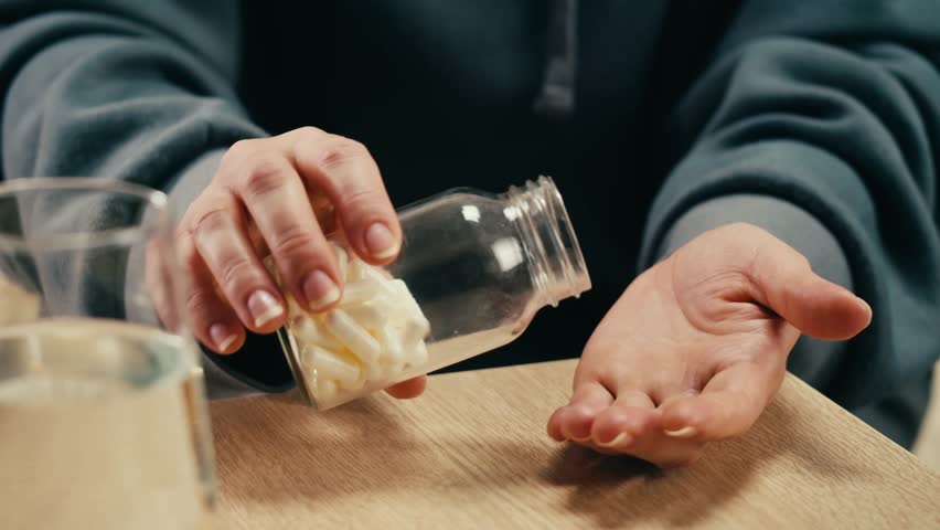 Pills and vitamins macro, Close up view of womans hands holding plenty of different drugs. Painkillers and antibiotics. Healthcare and medicine concept