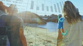 People carrying cooler on beach with financial data processing animation overlay. summer, vacation, finance, technology, analytics, leisure - Powered by Shutterstock - Get 15% off with code: PIKWIZARD15