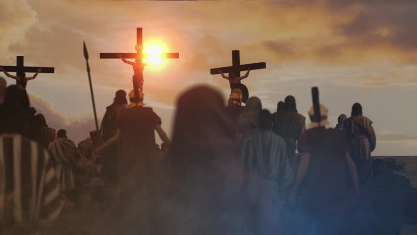 Golgotha crucifixion of Jesus Christ, large crowd watching the crucifixion 3D render
