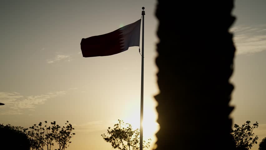 Detail of qatar flag in slowmotion in sunset from behind palm tree
