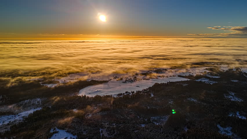 Sunset Light Over Cloudscape In Winter Countryside Nature. Timelapse