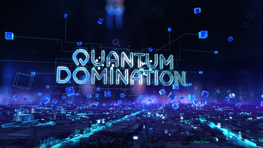 Quantum domination- businessman working with virtual reality at office.