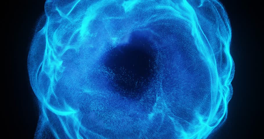 Abstract smoke ring and pulsating effect with particles. Flowing forces on blue smoke, plasma or fluids. motion background for event, concert, title, presentation, music, VJ. 4K loop 3D render