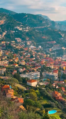 Panoramic view from above of turquoise sea, colorful houses, marina and waterfront Villefranche-sur-Mer Cote d'Azur France, Provence, Alps. High quality 4k footage