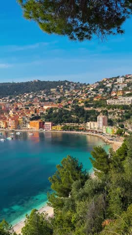 Panoramic view from above of turquoise sea, colorful houses, marina and waterfront Villefranche-sur-Mer Cote d'Azur France, Provence, Alps. High quality 4k footage
