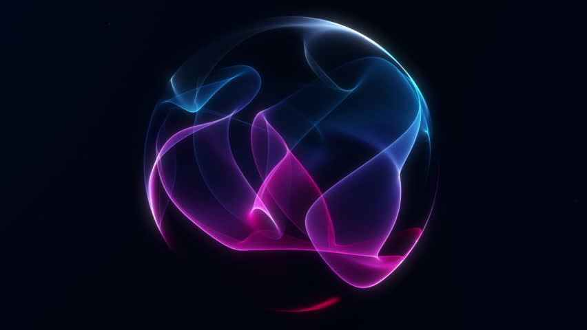 Pink and blue gradient energy wavy sphere with particle field. Shimmering glowing liquid particle orb on dark background. Minimalistic digital futuristic waveform ball screensaver. 4k 60fps looped.