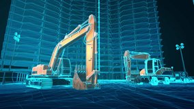 Terrain wireframe scan on construction site with excavators, wireframe lines appear on the ground, excavators and buildings during skyscraper construction. 3D animation. - Powered by Shutterstock - Get 15% off with code: PIKWIZARD15