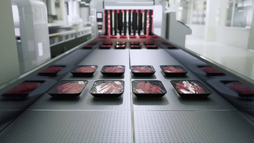 Packaged Raw Meat Trays On A Conveyor Belt In A Factory