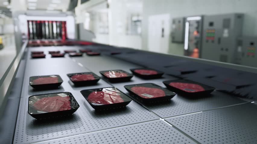 Packaged Raw Meat Trays On A Conveyor Belt In A Factory