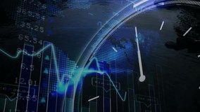 Animation of financial data overlaying world map with abstract digital elements. Finance, technology, analytics, globalization, innovation, investment - Powered by Shutterstock - Get 15% off with code: PIKWIZARD15