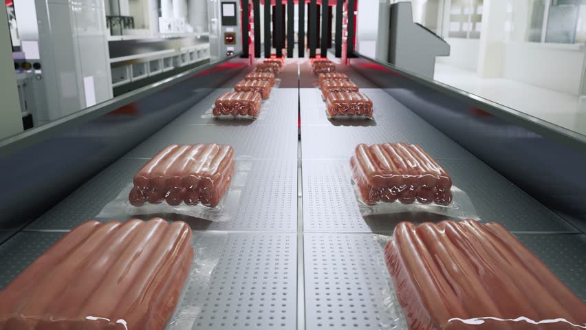 Sausage Production, Packaged Sausage Trays On A Conveyor Belt In A Factory