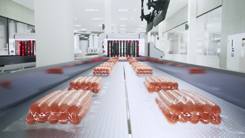 Sausage Production, Packaged Sausage Trays On A Conveyor Belt In A Factory