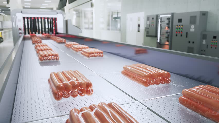 Sausage Production, Packaged Sausage Trays On A Conveyor Belt In A Factory