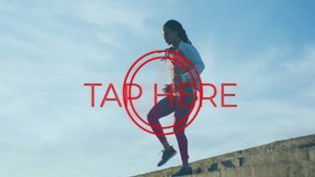 Jogging on rooftop, woman with Tap Here text overlay in animation style. Exercise, fitness, urban, running, health, female - Powered by Shutterstock - Get 15% off with code: PIKWIZARD15
