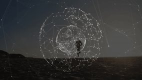 Running person surrounded by digital network connections forming animation sphere. Technology, innovation, futuristic, communication, internet - Powered by Shutterstock - Get 15% off with code: PIKWIZARD15