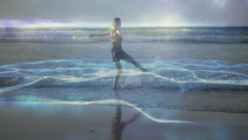 Woman standing in ocean waves with glowing blue energy animation overlay. Fantasy, magic, surreal, mystical, ethereal, artistic