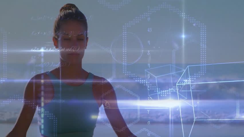 Meditating woman on beach with animation of geometric shapes and equations. Meditation, mindfulness, relaxation, spirituality, tranquility, visualization