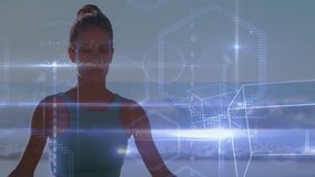 Meditating woman on beach with animation of geometric shapes and equations. Meditation, mindfulness, relaxation, spirituality, tranquility, visualization - Powered by Shutterstock - Get 15% off with code: PIKWIZARD15