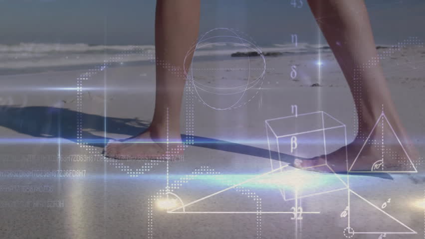 Mathematical equations and geometric shapes animation over person standing on beach. Mathematics, geometry, science, technology, graphics, visualization - Powered by Shutterstock - Get 15% off with code: PIKWIZARD15