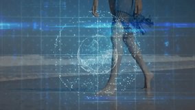 Futuristic digital interface animation over person walking on sandy beach. Technology, innovation, nature - Powered by Shutterstock - Get 15% off with code: PIKWIZARD15