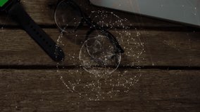 Coffee cup, smartwatch, and glasses on wooden table with network animation overlay. Technology, connectivity, gadget, workspace, digital, innovation - Powered by Shutterstock - Get 15% off with code: PIKWIZARD15