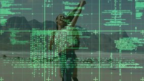 People walking on beach with digital data and coding overlay animation. Technology, innovation, connectivity, futuristic, codes, network - Powered by Shutterstock - Get 15% off with code: PIKWIZARD15
