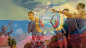 Animation of friends in swimwear with Ecuador flag overlay, celebrating outdoors. Festival, celebration, friendship, summer, multicultural, positivity - Powered by Shutterstock - Get 15% off with code: PIKWIZARD15