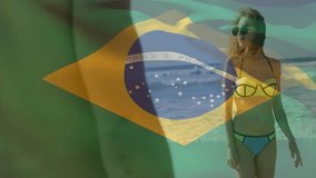 Brazilian flag animation overlaying beach scene with person wearing swimwear. summer, vacation, freedom, travel, ocean, tropical - Powered by Shutterstock - Get 15% off with code: PIKWIZARD15