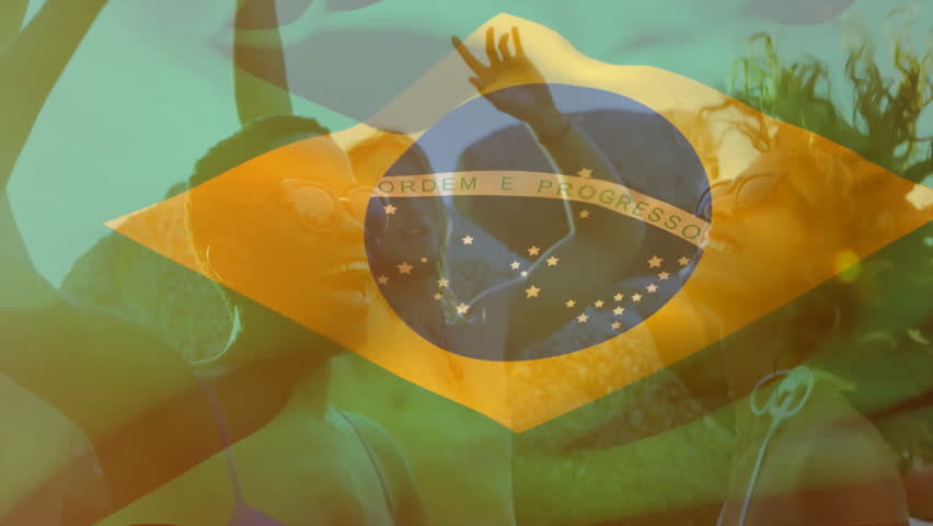 Celebrating outdoors, people with Brazilian flag overlay in sunny weather animation. Celebration, festival, nationality, enthusiasm, crowd, gathering