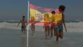 Running in ocean waves, friends with Spanish flag overlay, enjoying animation. Vacation, travel, friendship, adventure, coastline, culture - Powered by Shutterstock - Get 15% off with code: PIKWIZARD15