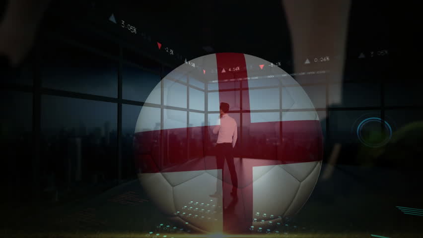 England football emblem with animation over financial data charts in office. Economy, soccer, business, finance, technology, teamwork - Powered by Shutterstock - Get 15% off with code: PIKWIZARD15