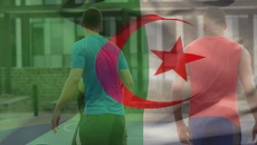 Playing basketball outdoors, two people with Algerian flag overlay and animation. Sports, teamwork, competition, active, motion - Powered by Shutterstock - Get 15% off with code: PIKWIZARD15