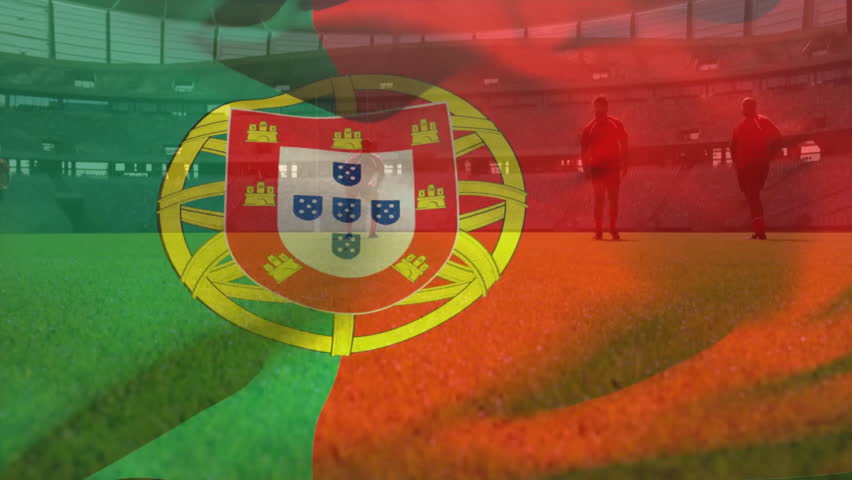 Portuguese flag waving over soccer players practicing on stadium field animation. football, team, practice, Portugal, sport, national flag