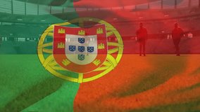 Portuguese flag waving over soccer players practicing on stadium field animation. football, team, practice, Portugal, sport, national flag - Powered by Shutterstock - Get 15% off with code: PIKWIZARD15