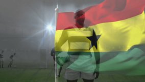 Holding rugby ball, player with Ghana flag animation on foggy field. Sports, athlete, competition, teamwork, dynamic - Powered by Shutterstock - Get 15% off with code: PIKWIZARD15