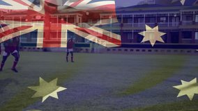 Tackling on field, rugby players with Australian flag animation overlay. Sports, competition, teamwork, athletes, action, dynamic - Powered by Shutterstock - Get 15% off with code: PIKWIZARD15