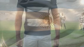 On field, rugby players running with Argentina flag animation in background. Sports, teamwork, competition, dynamic, action, motion - Powered by Shutterstock - Get 15% off with code: PIKWIZARD15