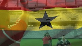 Rugby players in stadium with Ghana flag animation during intense match. Sports, competition, teamwork, athletes, nationalism, unity - Powered by Shutterstock - Get 15% off with code: PIKWIZARD15