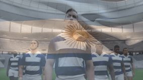 Standing on field, rugby players with Argentine flag overlay in animation. Sports, teamwork, competition, athletes, national, celebration - Powered by Shutterstock - Get 15% off with code: PIKWIZARD15