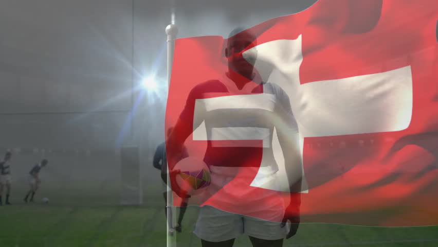 Holding rugby ball, player with Swiss flag animation on foggy field. Sports, athlete, competitive, national team, outdoor, game - Powered by Shutterstock - Get 15% off with code: PIKWIZARD15